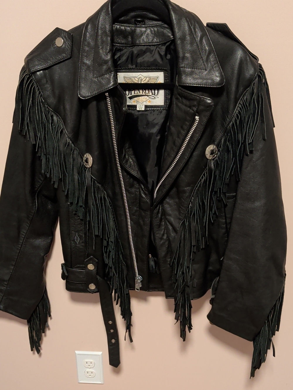 Open Road Brands Black Fringe Leather Biker Jacket